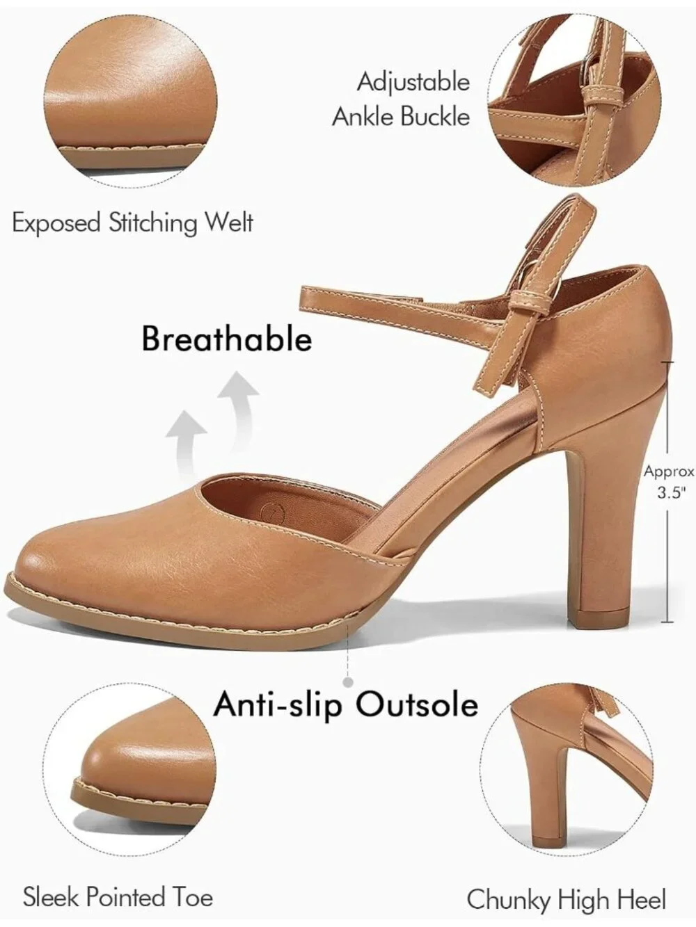 Women's Khaki Chunky High Heels Closed Pointed Toe Ankle Strap Pumps Party Shoes